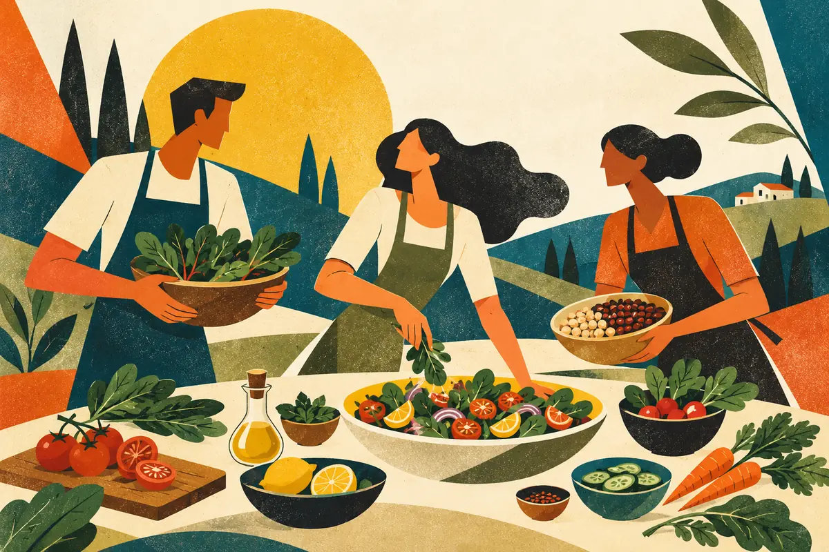 Illustration of three people preparing a colourful whole-food meal together