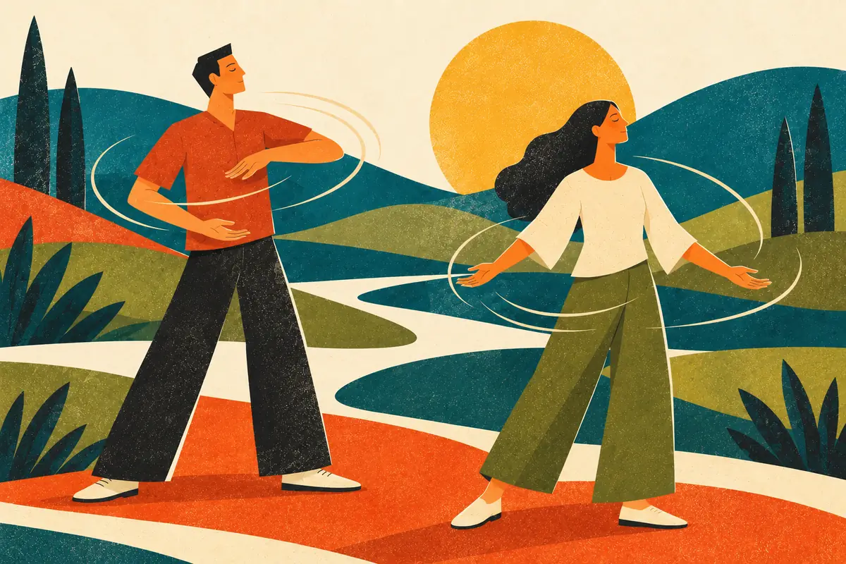Illustration of two people moving mindfully in a rolling landscape