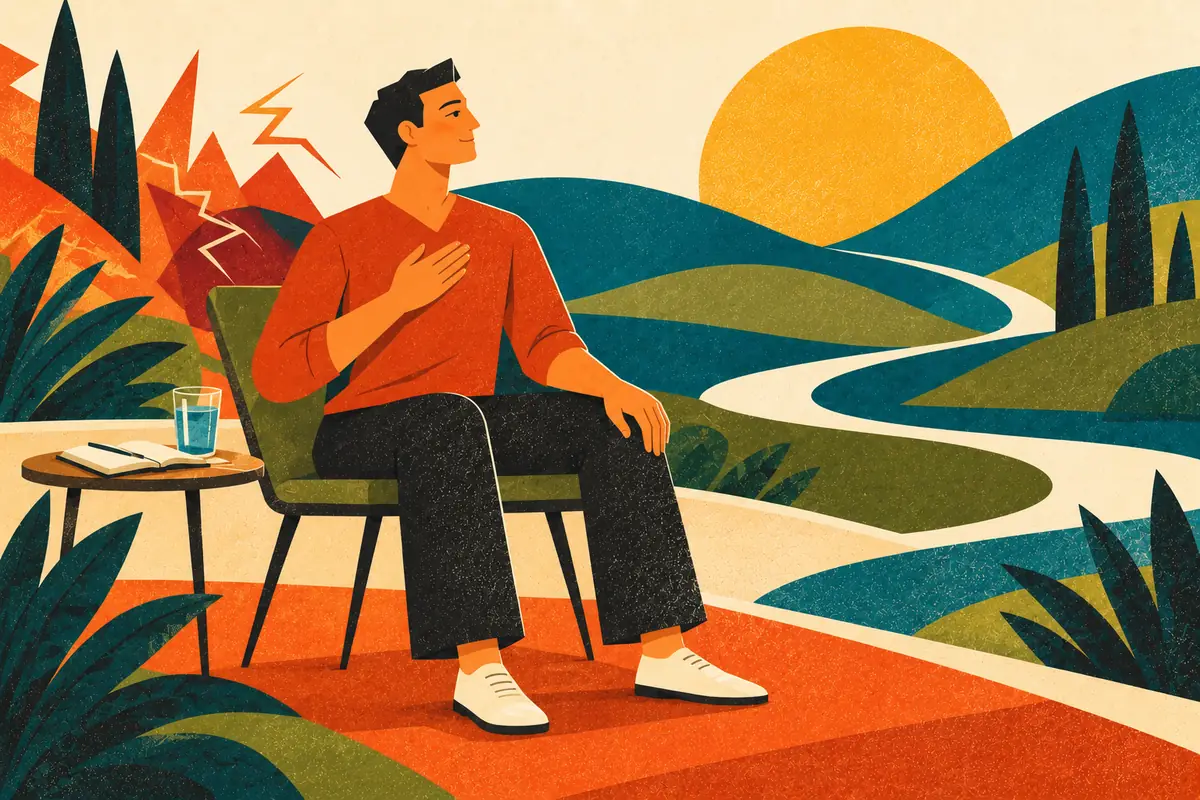 Illustration of a man sitting calmly with a hand on his chest as a stormy landscape gives way to a peaceful one